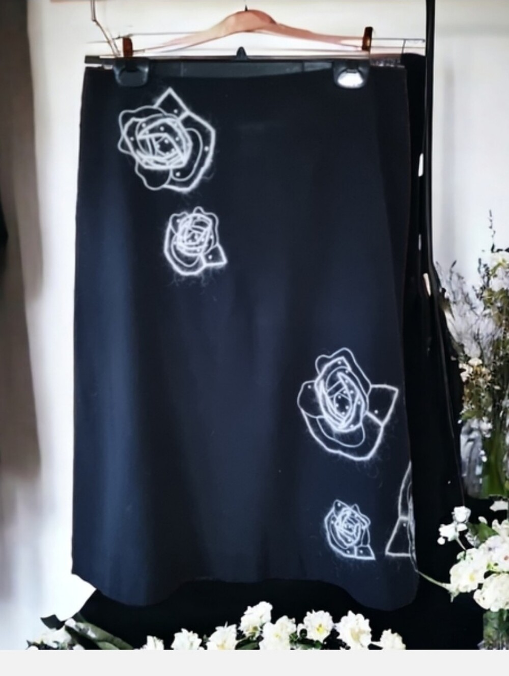 Black Floral Embroidered Roses A-Line Midi Skirt Size 10